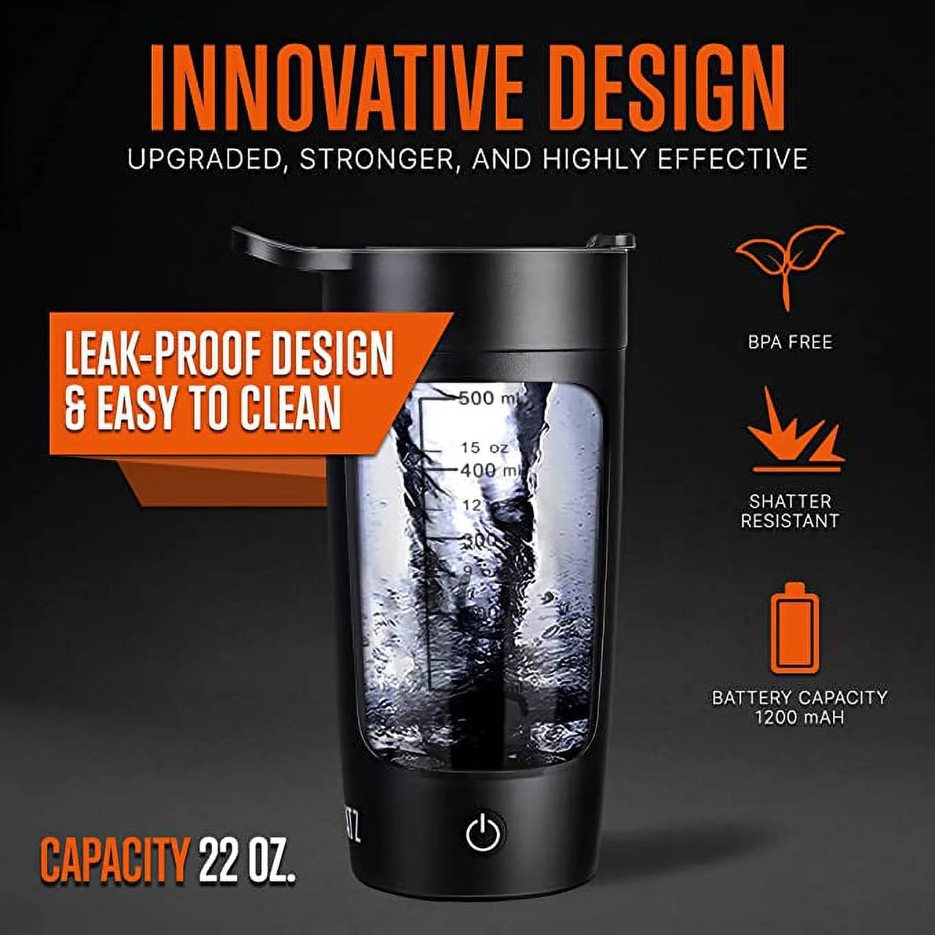 22Oz Electric Shaker Bottle Automatic Blending Flask for Protein Usb-Rechargeable (Black)